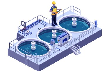 engineer working in wastewater treatment checking water quality isometric, isolated white background