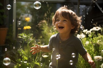 Poster - Children boy bubble laughing portrait.