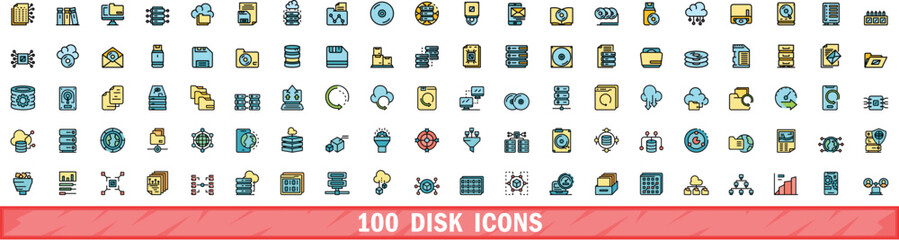 Poster - 100 disk icons set. color line set of disk vector icons thin line color flat on white