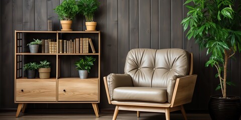 Wall Mural - Cozy minimal scandinavian cabinet with armchair plants and shelves on background. Light decoration scene