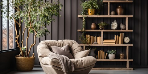 Wall Mural - Cozy minimal scandinavian cabinet with armchair plants and shelves on background. Light decoration scene