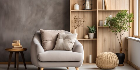 Wall Mural - Cozy minimal scandinavian cabinet with armchair plants and shelves on background. Light decoration scene