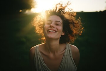 Wall Mural - a happy woman laughing outdoors motion.