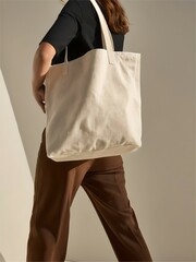 A woman is holding a white tote bag