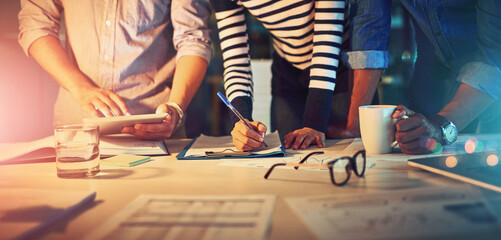 Aufkleber - Hands, night and business people with documents, tablet and brainstorming for creative project. Closeup, group and employees with tech, paperwork and internet with deadline, cooperation and teamwork