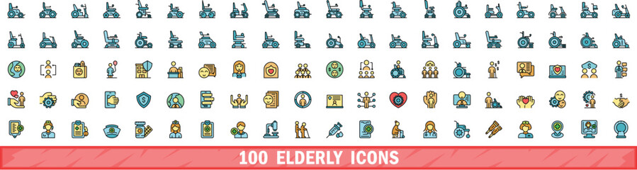 Sticker - 100 elderly icons set. Color line set of elderly vector icons thin line color flat on white