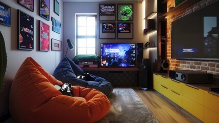 Poster - A modern gaming room with bean bags, a large flat-screen TV, and a gaming computer.