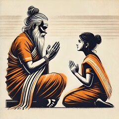 Wall Mural - Grunge style illustration for Guru Purnima with sage and disciple.