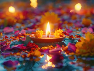 Poster - Candle surrounded by flowers and petals