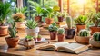 © DigitalArt Max - A beautifully arranged collection of potted plants placed on a wooden desk next to an open botany textbook.