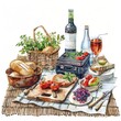 © GraphzTain - A picnic scene with a basket of bread, a bottle of wine, a glass of red wine, a grilled cheese sandwich, and other picnic essentials.