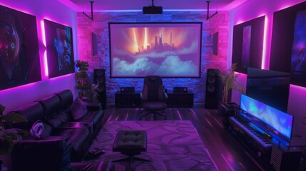Poster - A modern home theater room with neon lights, a projector screen, a large couch, and a gaming chair.