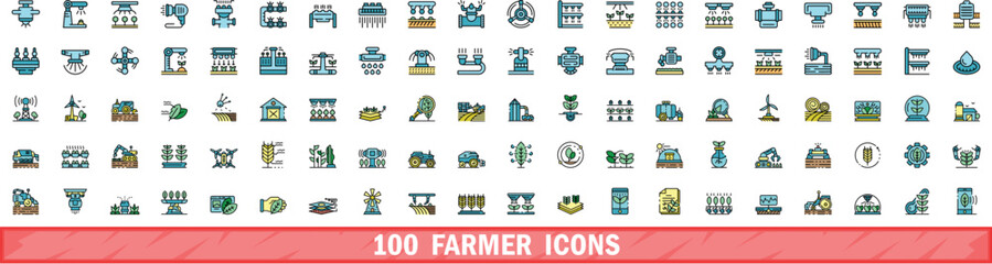Poster - 100 farmer icons set. Color line set of farmer vector icons thin line color flat on white