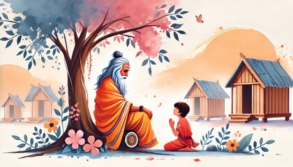 Wall Mural - Watercolor illustration for Guru Purnima with sage and  disciple.