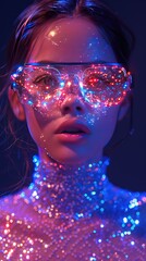 Poster - a woman wearing a virtual reality headset with lights around her face.