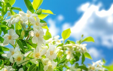 Sticker - AI generated illustration of white jasmine flowers with green leaves against a blue sky background.