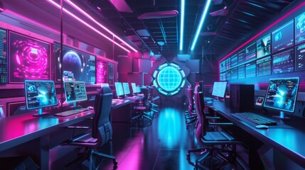 Canvas Print - A futuristic computer lab with rows of monitors and workstations illuminated by vibrant pink and blue neon lights.