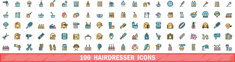 Poster - 100 hairdresser icons set. Color line set of hairdresser vector icons thin line color flat on white