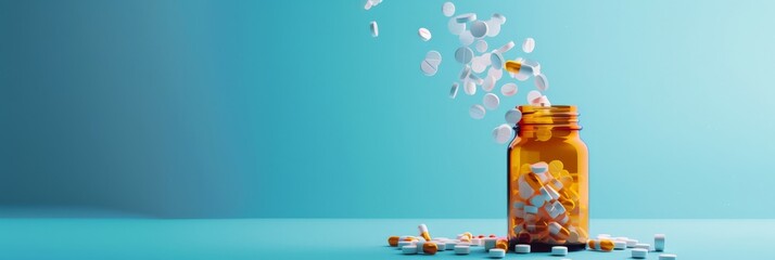Poster - Amber bottle of pills and capsules pouring out onto a blue surface. Medical and pharmaceutical concept with healthcare and treatment.