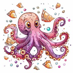 Poster - Pink octopus with bubbles and starfish