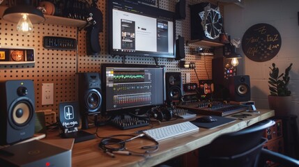Poster - A home music studio workspace with a computer, audio interface, speakers, and a microphone.