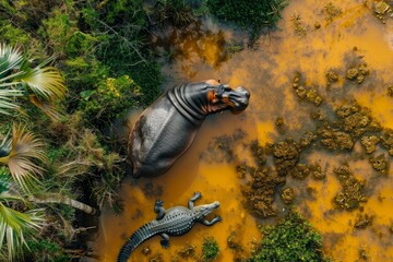 Wall Mural - Aerial view of a hippopotamus and crocodile lying on the riverbank