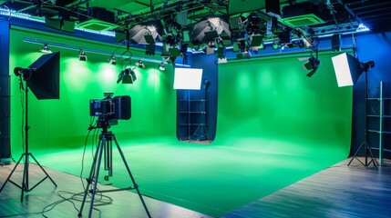 Poster - a professional video studio with a green screen backdrop, lighting equipment, and a camera on a trip