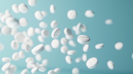 Poster - Dynamic image of white pills floating against a light blue background. Pharmaceutical concept with healthcare and medication.