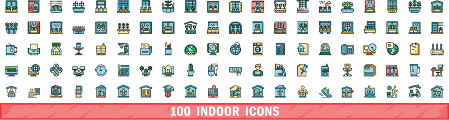 Poster - 100 indoor icons set. color line set of indoor vector icons thin line color flat on white