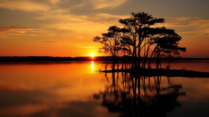 Poster - Golden Sunset Over Tranquil Lake with Tree Island Reflection