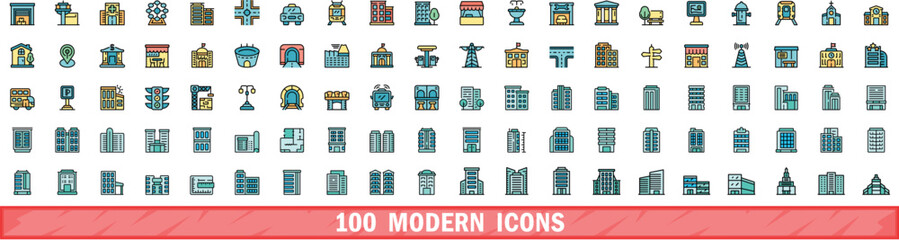 Poster - 100 modern icons set. Color line set of modern vector icons thin line color flat on white