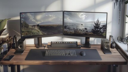 Aufkleber - A clean, modern desk setup with dual monitors, a keyboard, mouse, and speakers. Natural light illuminates the space.