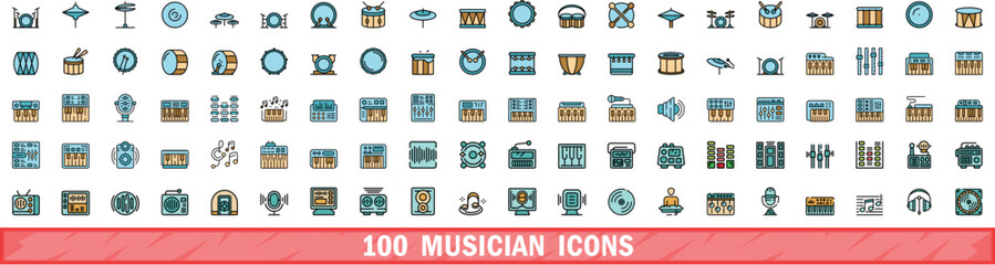 Poster - 100 musician icons set. Color line set of musician vector icons thin line color flat on white