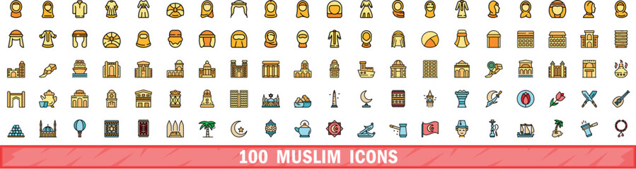 Poster - 100 muslim icons set. Color line set of muslim vector icons thin line color flat on white
