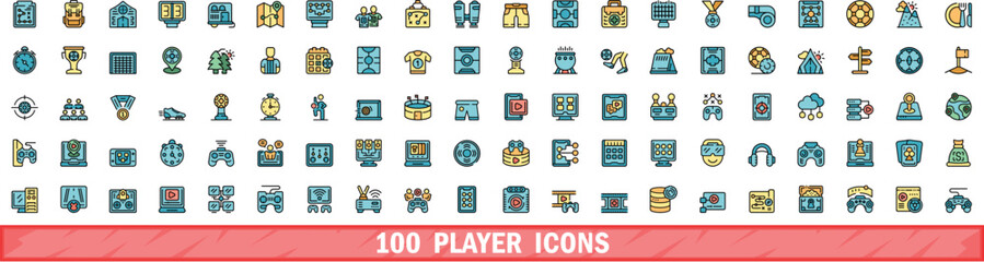 Poster - 100 player icons set. color line set of player vector icons thin line color flat on white