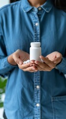 Poster - Young woman in denim shirt holding a white medicine bottle with white pills in hands. Healthcare and pharmaceutical product display.