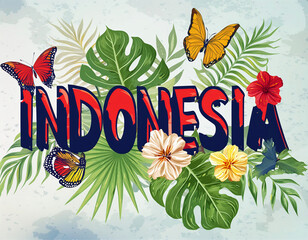 Indonesia typographic vector illustration background with flowers, palm leaves, and butterflies