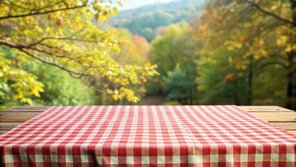 Wall Mural - Empty wooden table with tablecloth over autumn nature park background