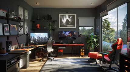 Poster - A modern gaming setup with two monitors, a large desk, a comfortable chair, and a view of nature outside a large window.