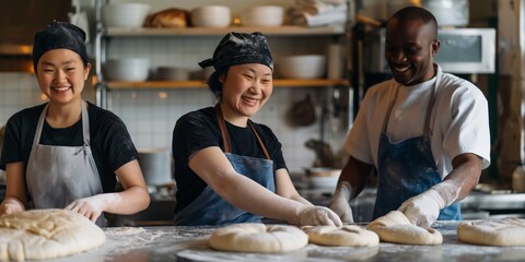 A diverse team of chefs preparing dough in a bakery kitchen.