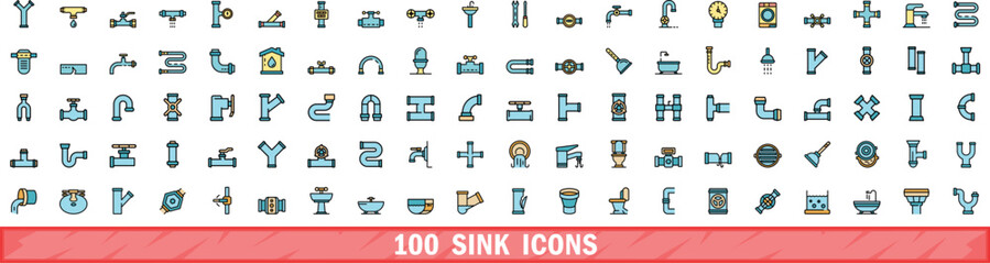 Poster - 100 sink icons set. Color line set of sink vector icons thin line color flat on white