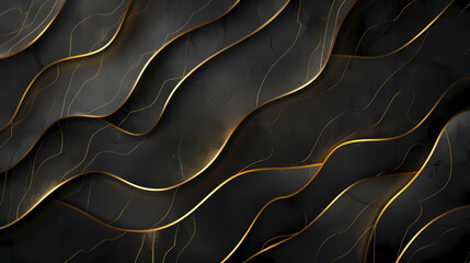 Abstract dark waves with gold lines, creating an elegant and luxurious background.