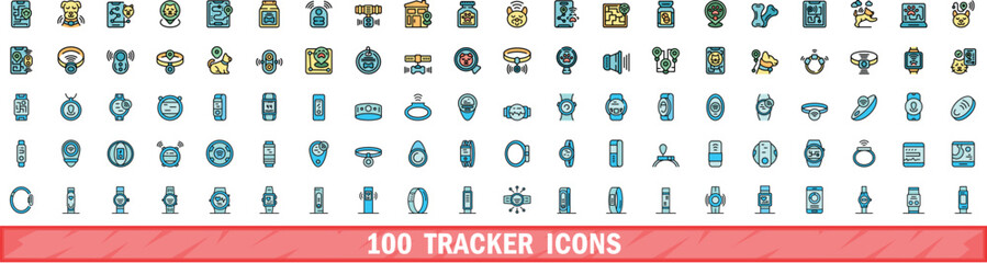 Poster - 100 tracker icons set. Color line set of tracker vector icons thin line color flat on white