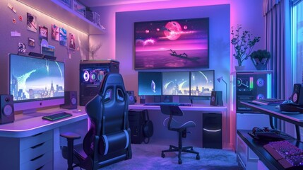 Poster - A modern gaming setup with purple lighting, featuring a gaming chair, desk, multiple monitors, and a computer. The room is decorated with posters, plants, and other gaming accessories.