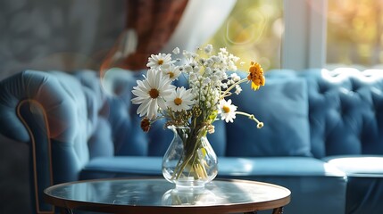 Wall Mural - glass vase of flower on table in living room with blue classic sofa at home