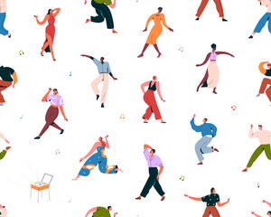 Poster - Dancing people, seamless pattern. Happy celebration, party background, repeating print design. Disco characters celebrating. Discotheque, festival fun and rave to music. Flat vector illustration