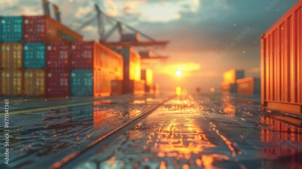 Colorful shipping containers stacked at a dock during sunset ...