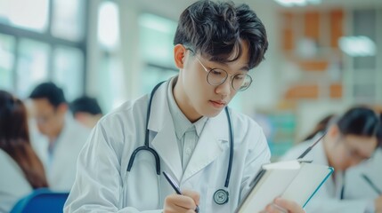 Poster - Focused medical student studying with a notebook in a bright classroom. Education and healthcare concept.