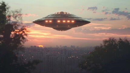 Futuristic UFO glowing at sunset over cityscape captivating landscape extraterrestrial concept