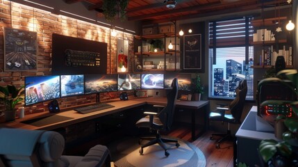 Poster - A spacious gaming setup with three monitors, a large desk, and a comfortable chair. A large window overlooks a city skyline.